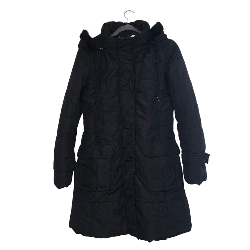Max Mara Black Puffer Long Hooded Coat Faux fur hood winter Neutral